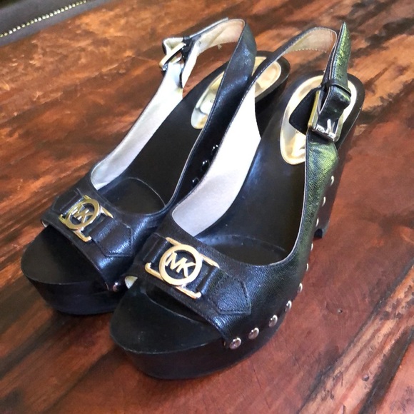 Michael Kors Shoes - Michael Kors Black Leather Wedges sz:9